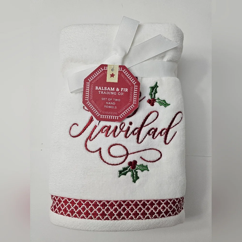 2pc BALSAM & FIR Holiday Hand Towels - 100% Cotton - White/Red/Green